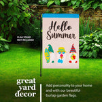 Load image into Gallery viewer, Garden Flag Hello Summer Three Beach Ready Gnomes 12x18 inch Burlap Fabric
