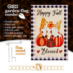 Load image into Gallery viewer, G128 Combo Pack: Garden Flag Stand Black 36 in x 16 in & Garden Flag Fall Decoration Happy Fall Blessed Two Gnomes Sitting on Pumpkins 12x18 DoubleSided Blockout Fabric