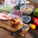 Load image into Gallery viewer, Elastic Plastic Bowl Covers 12 Inch Pack of 100 Clear Plastic Disposable Bowl Covers 30 Micron Thick. Durable Adjustable Plastic Food Covers with Elastic Edge. Stretchable Bowl Covers Small