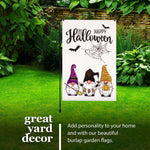 Load image into Gallery viewer, G128 Combo Pack: Garden Flag Stand Black 36 in x 16 in & Garden Flag Happy Halloween Decoration Three Gnomes Spider Web 12x18 DoubleSided Burlap Fabric