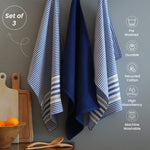 Load image into Gallery viewer, The Fine Living Co. Decorative Kitchen Towels Set of 3 Recycled Cotton Waffle Weave Dish Towels for Drying Dishes 28x18 inch Blue Absorbent Tea Towels Boho Stripe Design Eco Friendly