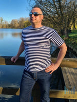 Load image into Gallery viewer, Dark Blue Sailor TShirt Striped Short Sleeved Telnyashka Тельняшка (L)
