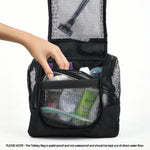 Load image into Gallery viewer, The Fine Living Co. Portable Hanging Shower Caddy Organizer Bag (Free Toiletries Case Metal Hook) Quick Dry Mesh Shower Caddy Tote Bag Pouch For Bathroom College Dorm Camp Gym Camping 10”x4”x8”(Black)