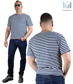 Load image into Gallery viewer, Dark Blue Sailor TShirt Striped Short Sleeved Telnyashka Тельняшка (M)