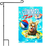 Load image into Gallery viewer, G128 Combo Pack: Garden Flag Stand Black 36x16 Inch & Garden Flag Summer Fun with Cat in Pool 12x18 Inch