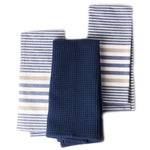 Load image into Gallery viewer, The Fine Living Co. Decorative Kitchen Towels Set of 3 Recycled Cotton Waffle Weave Dish Towels for Drying Dishes 28x18 inch Blue Absorbent Tea Towels Boho Stripe Design Eco Friendly