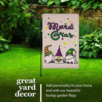 Load image into Gallery viewer, G128 Combo Pack: Garden Flag Stand Black 36 in x 16 in & Garden Flag Mardi Gras Decoration Three Gnomes 12x18 DoubleSided Burlap Fabric