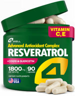 Load image into Gallery viewer, Resveratrol Supplement 1800mg Complex COQ10 Quercetin Vitamin E Calcium Ascorbate Powerful Antioxidant Formula for Enhanced Energy Heart Health & Healthy Aging Support Trans Resveratrol 90 Caps