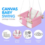 Load image into Gallery viewer, Pink Canvas Baby Swing Wooden Hanging Swing Seat Chair with Safety Belt Durable Baby Swing Chair Outdoor and Indoor Swing for Kids Mounting Hardware Included Pink