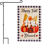Load image into Gallery viewer, G128 Combo Pack: Garden Flag Stand Black 36 in x 16 in & Garden Flag Fall Decoration Happy Fall Blessed Two Gnomes Sitting on Pumpkins 12x18 DoubleSided Blockout Fabric