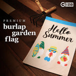 Load image into Gallery viewer, Garden Flag Hello Summer Three Beach Ready Gnomes 12x18 inch Burlap Fabric