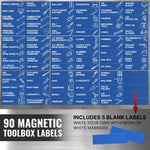 Load image into Gallery viewer, 90 Pcs Magnetic Tool Box Labels 3.5x1 inch Blue Magnetic Toolbox Labels for Tool Box Drawers Strong Magnet Toolbox Organizer Chest Pre Printed & Blanked Emblems for Organization Toolbox Emblems
