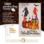 Load image into Gallery viewer, G128 Combo Pack: Garden Flag Stand Black 36 in x 16 in & Garden Flag Happy Halloween Decoration Two Witchy Gnomes 12x18 DoubleSided Blockout Fabric