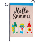 Load image into Gallery viewer, Garden Flag Hello Summer Three Beach Ready Gnomes 12x18 inch Burlap Fabric