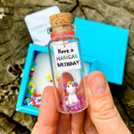 Load image into Gallery viewer, Unique Birthday Gifts for Him and Her Cute and Funny Bday Presents for Men and Women Gift for Mom Dad Family (Rainbow Unicorn Have a Magical Birthday Message Bottle in Teal Gift Box)