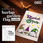 Load image into Gallery viewer, G128 Combo Pack: Garden Flag Stand Black 36 in x 16 in & Garden Flag Mardi Gras Decoration Three Gnomes 12x18 DoubleSided Burlap Fabric