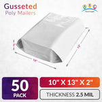 Load image into Gallery viewer, White Gusseted Poly Mailers 10 x 13 x 2 Inch Pack of 50 Poly Shipping Envelopes for Clothing 2.5 Mil. Plastic Shipping Bags Self Seal. Mailing Packages