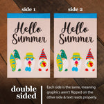 Load image into Gallery viewer, Garden Flag Hello Summer Three Beach Ready Gnomes 12x18 inch Burlap Fabric