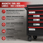 Load image into Gallery viewer, 90 Pcs Magnetic Tool Box Labels 3.5x1 inch White Magnetic Toolbox Labels for Tool Box Drawers Strong Magnet Toolbox Organizer Chest Pre Printed & Blanked Emblems for Organization Toolbox Emblems