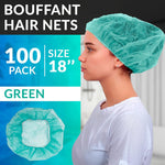 Load image into Gallery viewer, Green Bouffant Caps 18 Inch Pack of 100 Non Woven Hair Caps with Elastic Band Breathable Disposable Polypropylene Hats. Unisex Protective Hair Covers for Food Service