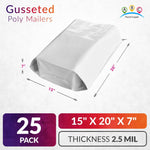 Load image into Gallery viewer, White Gusseted Poly Mailers 15 x 20 x 7 Inch Pack of 25 Expansion Poly Mailers Bags Shipping Envelopes for Clothing 2.5 Mil. Plastic Shipping Bags Self Seal Mailing Packages