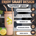Load image into Gallery viewer, 46 Oz Glass Tumbler with Straw and Lid Peach Glass Water Bottle with Natural Bamboo Lid 2 Slim and Boba Straws Silicone Sleeve Dishwasher Safe Car Holder Friendly Ergonomic Grip Easy Visibility