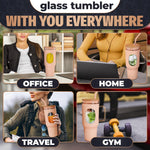 Load image into Gallery viewer, 46 Oz Glass Tumbler with Straw and Lid Peach Glass Water Bottle with Natural Bamboo Lid 2 Slim and Boba Straws Silicone Sleeve Dishwasher Safe Car Holder Friendly Ergonomic Grip Easy Visibility