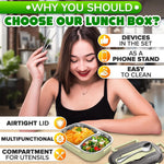 Load image into Gallery viewer, Stainless Steel Lunch Box for Hot Food – (48.5 oz) Stainless Steel Bento Box Adult with Phone Stand Spoon & Chopstickss – 2 Compartment Hot Food Lunch Container with Durable Plastic & Soft Rubber Lid