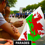 Load image into Gallery viewer, G128 12 Pack Handheld Wales Welsh Stick Flags 12x18 In Printed 150D Polyester, Country Flag, Solid Wooden Stick, Spear Gold Tip