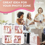 Load image into Gallery viewer, Baby Shower Boxes with Letters 44 Pcs White Boxes with Rose Gold Dusty Pink Sand & White Balloons Gender Reveal & Party Decoration Set by