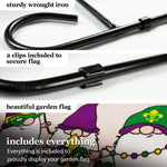 Load image into Gallery viewer, G128 Combo Pack: Garden Flag Stand Black 36 in x 16 in & Garden Flag Mardi Gras Decoration Three Gnomes 12x18 DoubleSided Burlap Fabric