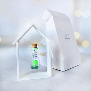 Tiny Magical Message in a Bottle Gift Idea Classy Inspirational Gifts for Him and Her Unique Presents for Women and Men (Green Clover You're My Lucky Charm in Wooden Frame)