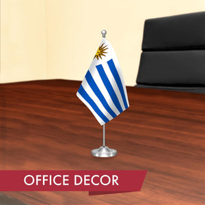 Uruguay Deluxe Desk Flag Set 8.5x5.5 In Printed 300D Polyester with Silver Dome