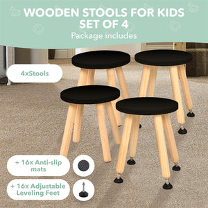 Wooden Step Stool for Kids and Toddlers Set of 4 Black Extendable Legs Kids Chair Sensory Table Stool Children's Round Sitting Stool with Leveling Feet and Anti Slip Pads
