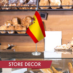 Load image into Gallery viewer, G128 Spain Spanish Deluxe Desk Flag Set  8.5x5.5 In  Printed 300D Polyester, with Silver Dome and Base, 15 Metal Pole, Decorations For Office, Home and Festival Events Celebration