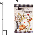Load image into Gallery viewer, G128 Combo Pack: Garden Flag Stand Black 36 in x 16 in &amp; Garden Flag Fall Decoration Autumn Blessings Pumpkins and Flower Vases 12x18 DoubleSided Blockout Fabric