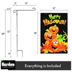 Load image into Gallery viewer, G128 Combo Pack: Garden Flag Stand Black 36x16 Inch &amp; Garden Flag Happy Halloween Three Pumpkins 12x18 Inch