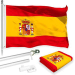 Load image into Gallery viewer, G128 Combo Pack: 6 Feet Tangle Free Spinning Flagpole (Silver) Spain Spanish Flag 3x5 ft Printed 150D Brass Grommets (Flag Included) Aluminum Flag Pole
