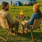 Load image into Gallery viewer, Beige Portable Folding Camping Chair 31x21x20 Inch Lightweight Beach Chairs for Adults up to 265 Lbs Breathable Ripstop Fabric Outdoor Seating with Ergonomic Beech Wood Armrests