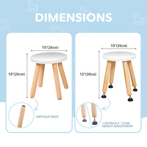 Wooden Step Stool for Kids and Toddlers Set of 2 White Extendable Legs Kids Chair Sensory Table Stool Children's Round Sitting Stool with Leveling Feet and Anti Slip Pads