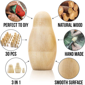 Lot of Blank Nesting Dolls of 10 Sets by 3 pcs Blank Wooden Matryoshka Dolls
