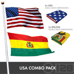 Load image into Gallery viewer, G128 Combo Pack: USA American Flag 3x5 Ft Embroidered Stars &amp; Bolivia (Bolivian) Flag 3x5 Ft Doublesided Embroidered 210D
