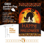 Load image into Gallery viewer, G128 Combo Pack: Garden Flag Stand Black 36 in x 16 in &amp; Garden Flag Halloween Decoration Black Cat and Ghosts 12x18 DoubleSided Blockout Fabric