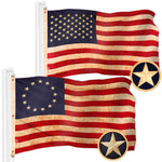 Load image into Gallery viewer, G128 Combo Pack: American USA TeaStained Flag 5x8 Ft &amp; Betsy Ross TeaStained Flag 5x8 Ft  Both ToughWeave Pro Series Embroidered 420D Polyester, Embroidered Design, Indoor/Outdoor, Brass Grommets