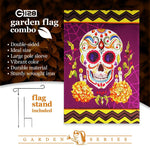 Load image into Gallery viewer, G128 Combo Pack: Garden Flag Stand Black 36 in x 16 in &amp; Garden Flag Day of the Dead Decoration Sugar Skull 12x18 DoubleSided Blockout Fabric