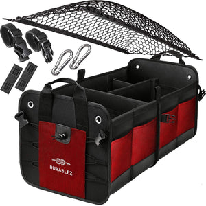Trunk Organizer with Covering Net Attachable Non Slip Pads and Stainless Hooks Red Black