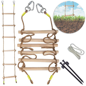 Wooden Rope Ladder for Kids with Ground anchoring Length 6.5'(2m) Width 16 (40cm) Outdoor or Indoor Climbing Rope Ladder for Ninja Slackline Backyard Playground Home Gym Park Treehouse