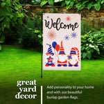 Load image into Gallery viewer, G128 Combo Pack: Garden Flag Stand Black 36 in x 16 in &amp; Garden Flag Patriotic Decoration Welcome Three Gnomes Celebrating 4th of July 12x18 DoubleSided Burlap Fabric