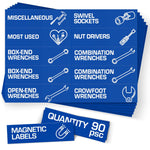 Load image into Gallery viewer, 90 Pcs Magnetic Tool Box Labels 3.5x1 inch Blue Magnetic Toolbox Labels for Tool Box Drawers Strong Magnet Toolbox Organizer Chest Pre Printed &amp; Blanked Emblems for Organization Toolbox Emblems