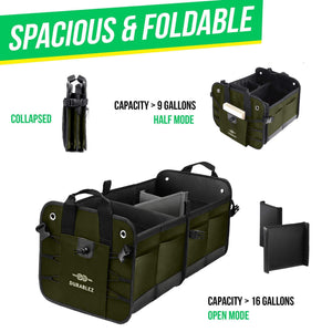 Trunk Organizer with Covering Net Attachable Non Slip Pads and Stainless Hooks Military Green